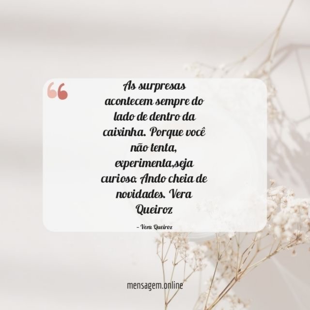 As surpresas acontecem
sempre do lado de dentro da caixinha.
Porque você não tenta,
experimenta,seja curioso.
Ando cheia de novidades.
