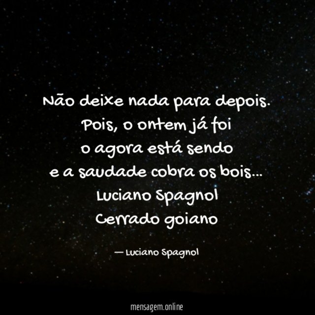Não deixe nada para depois.
Pois, o ontem já foi
o agora está sendo
e a saudade cobra os bois…