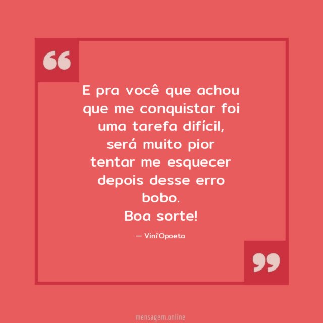 E pra você que achou que me conquistar foi uma tarefa difícil, será muito pior tentar me esquecer depois desse erro bobo.