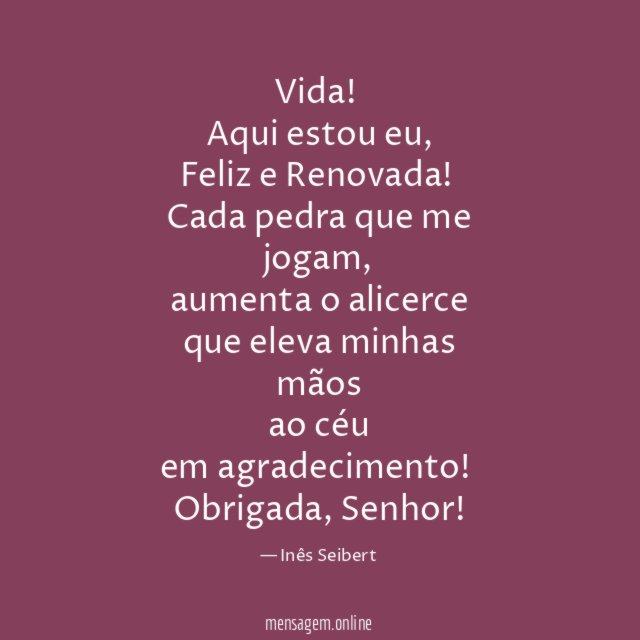 Vida!
Aqui estou eu,
Feliz e Renovada!
Cada pedra que me jogam,
aumenta o alicerce
que eleva minhas mãos
ao céu
em agradecimento!
Obrigada, Senhor!