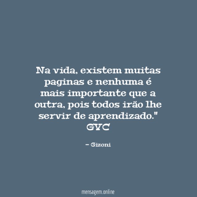 "Na vida, existem muitas paginas e nenhuma é mais importante que a outra, pois todos irão lhe servir de aprendizado."