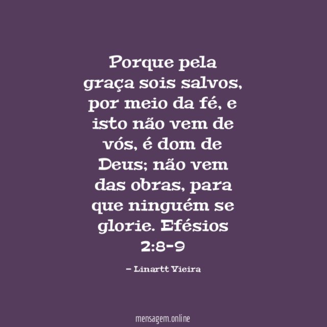 Porque pela graça sois salvos, por meio da fé, e isto não vem de vós, é dom de Deus; não vem das obras, para que ninguém se glorie.