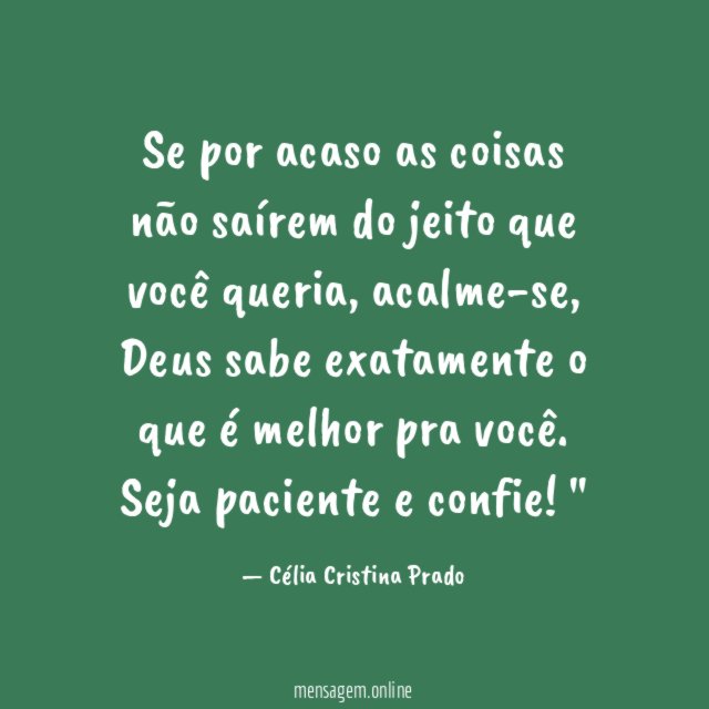 "Se por acaso as coisas não saírem do jeito que você queria,
acalme-se, Deus sabe exatamente o que é melhor pra você.
Seja paciente e confie!"