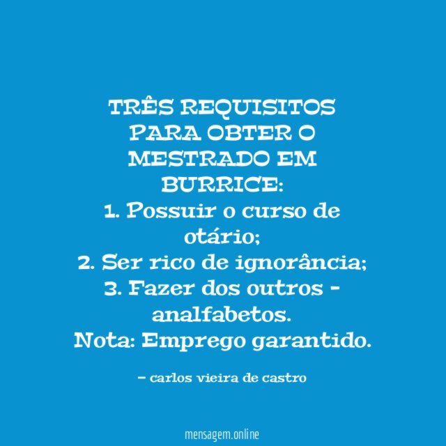 TRÊS REQUISITOS PARA OBTER O MESTRADO EM BURRICE:
1. Possuir o curso de otário;
2. Ser rico de ignorância;
3. Fazer dos outros - analfabetos.
