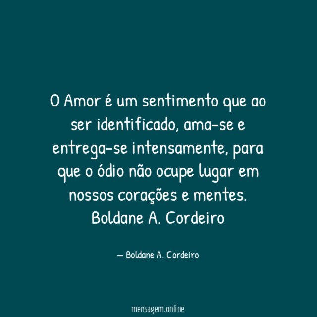 O Amor é um sentimento que ao ser identificado, ama-se e entrega-se intensamente, para que o ódio não ocupe lugar em nossos corações e mentes.