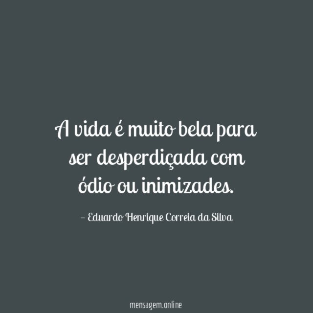 A vida é muito bela para ser desperdiçada com ódio ou inimizades