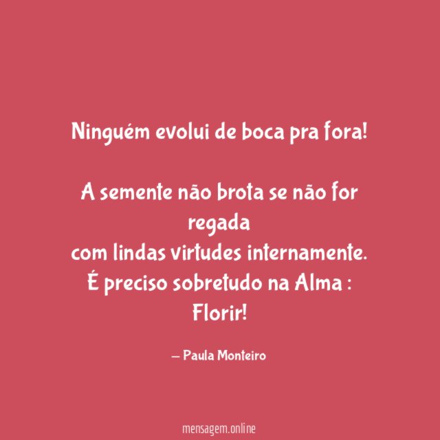 Ninguém evolui de boca pra fora !
A semente não brota se não for regada
com lindas virtudes internamente.