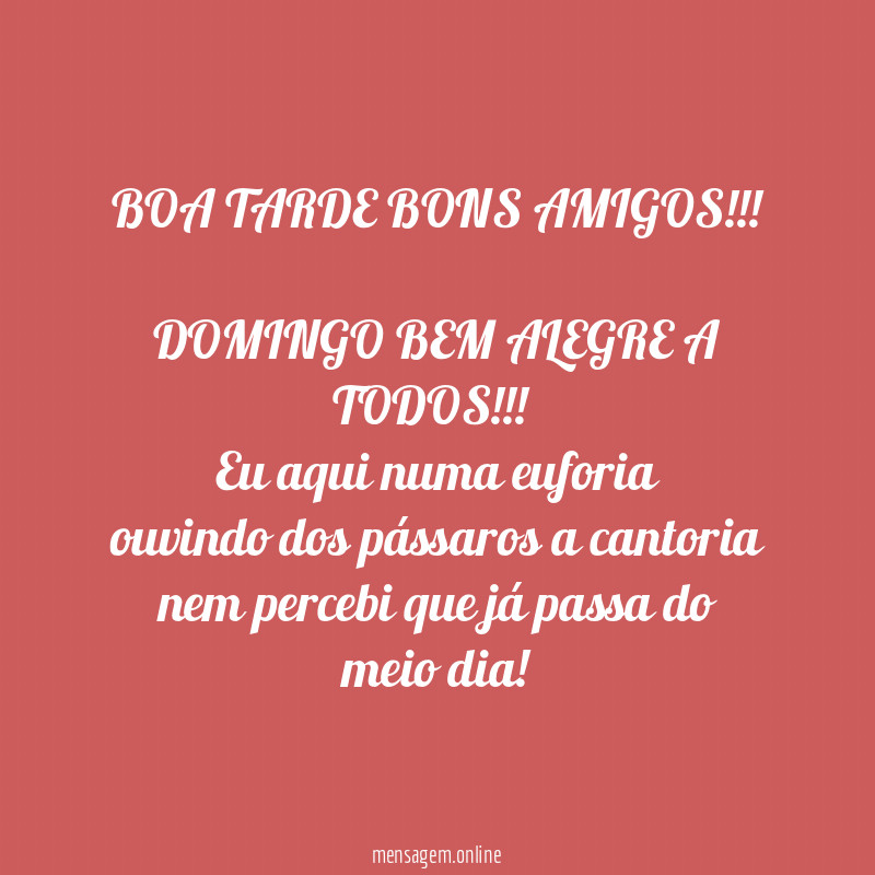 BOA TARDE BONS AMIGOS!!!
DOMINGO BEM ALEGRE A TODOS!!!