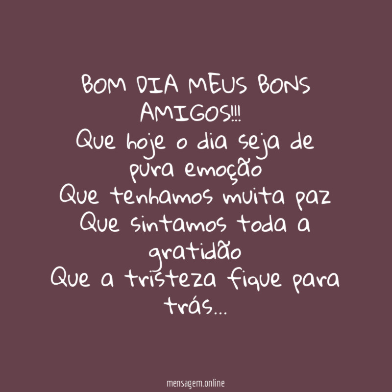 BOM DIA MEUS BONS AMIGOS!!!
Que hoje o dia seja de pura emoção
Que tenhamos muita paz
Que sintamos toda a gratidão
Que a tristeza fique para trás…