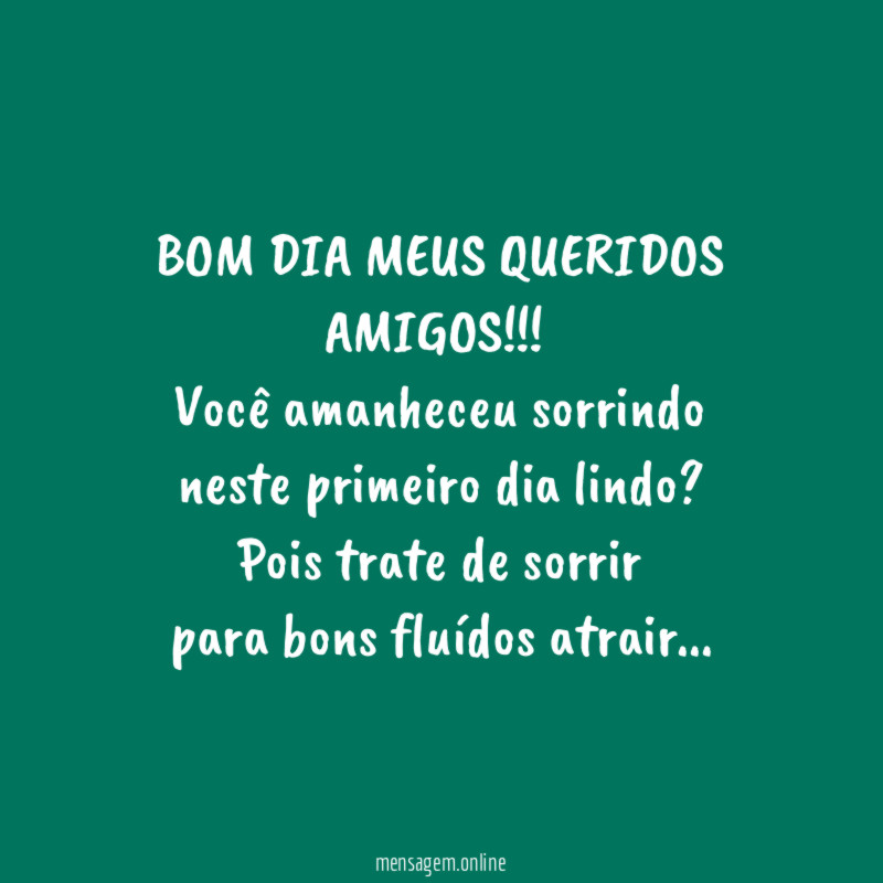 BOM DIA MEUS QUERIDOS AMIGOS!!!!
Você amanheceu sorrindo
neste primeiro dia lindo?
Pois trate de sorrir
para bons fluídos atrair…