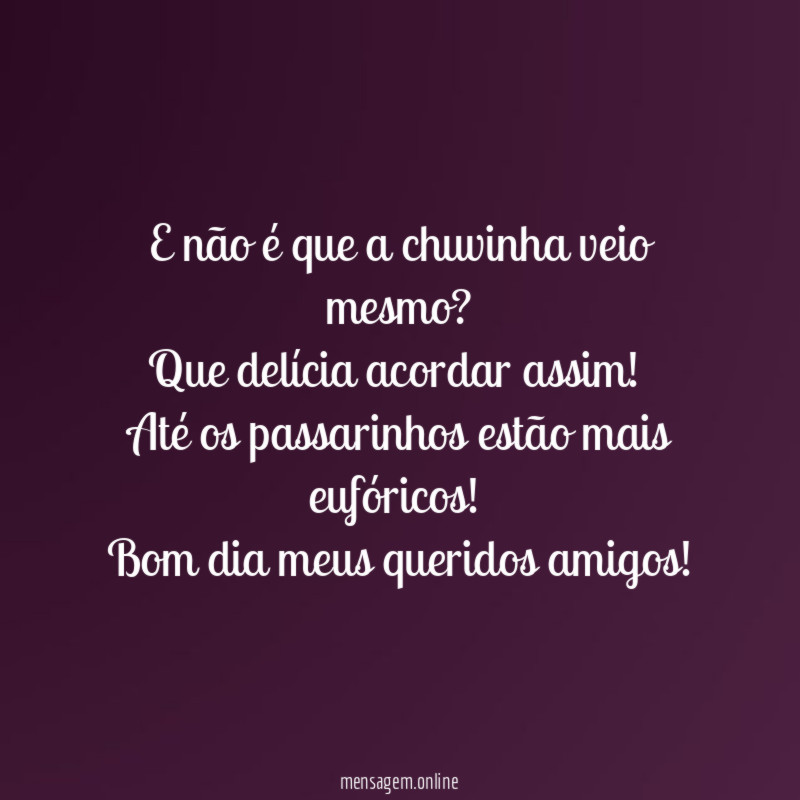 E não é que a chuvinha veio mesmo?
Que delícia acordar assim!
Até os passarinhos estão mais eufóricos!
Bom dia meus queridos amigos!