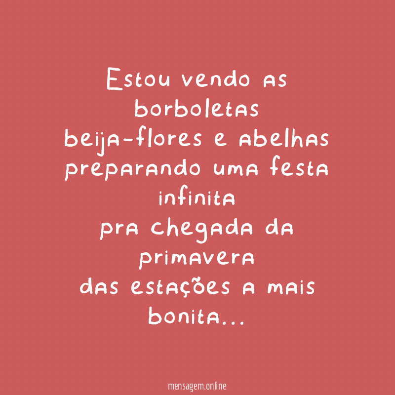 Estou vendo as borboletas
beija-flores e abelhas
preparando uma festa infinita
pra chegada da primavera
das estações a mais bonita…