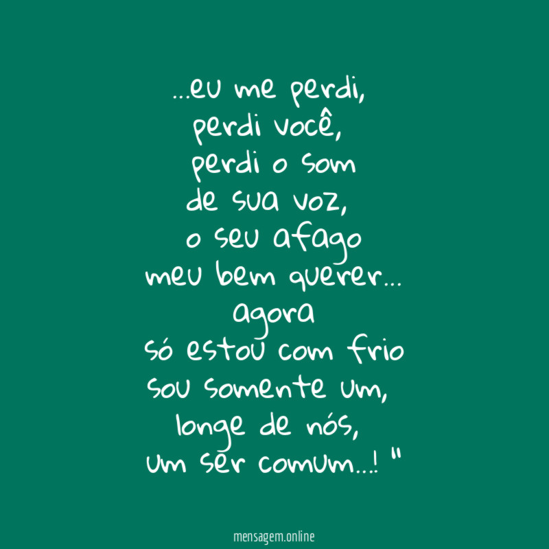 "…eu me perdi,
perdi você,
perdi o som
de sua voz,
o seu afago
meu bem querer…
agora
só estou com frio
sou somente um,
longe de nós,
um ser comum…!"