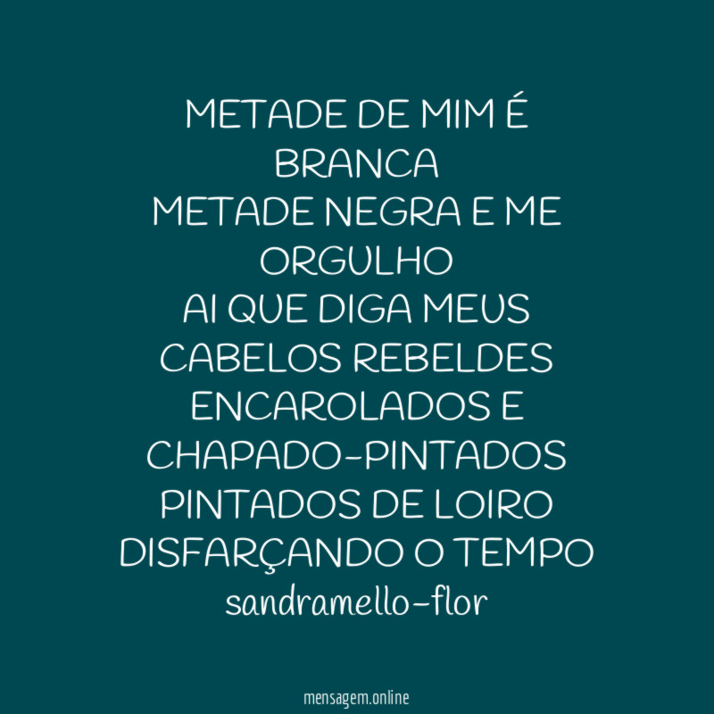 METADE DE MIM É BRANCA
METADE NEGRA E ME ORGULHO
AI QUE DIGA MEUS CABELOS REBELDES
ENCAROLADOS E CHAPADO-PINTADOS
PINTADOS DE LOIRO
DISFARÇANDO O TEMPO