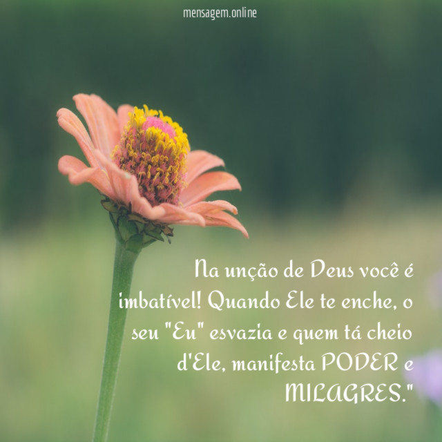 "Na unção de Deus você é imbatível! Quando Ele te enche, o seu "Eu" esvazia e quem tá cheio d'Ele, manifesta PODER e MILAGRES."