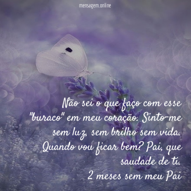 Não sei o que faço com esse "buraco" em meu coração. Sinto-me sem luz, sem brilho sem vida. Quando vou ficar bem? Pai, que saudade de ti.