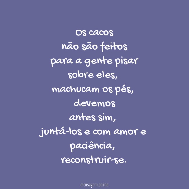 Os cacos
não são feitos
para a gente pisar
sobre eles,
machucam os pés,
devemos
antes sim,
juntá-los e com amor e paciência,
reconstruir-se.