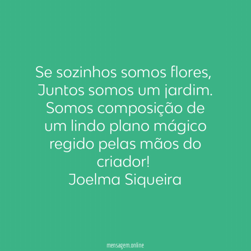 Se sozinhos somos flores,
Juntos somos um jardim.
Somos composição de
um lindo plano mágico
regido pelas mãos do criador!