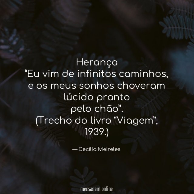 Herança
“Eu vim de infinitos caminhos,
e os meus sonhos choveram lúcido pranto
pelo chão”.