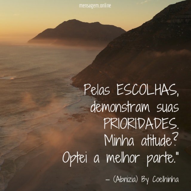 "Pelas ESCOLHAS, demonstram suas PRIORIDADES.
Minha atitude? Optei a melhor parte."