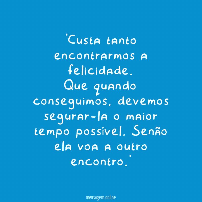 'Custa tanto encontrarmos a felicidade.
Que quando conseguimos, devemos segurar-la o maior tempo possível. Senão ela voa a outro encontro.'