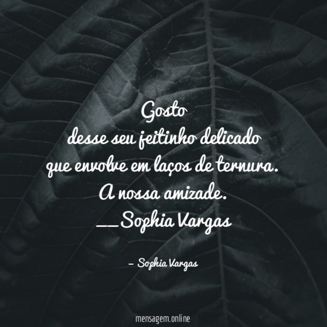Gosto
desse seu jeitinho delicado
que envolve em laços de ternura.
A nossa amizade.
__Sophia Vargas ♥
