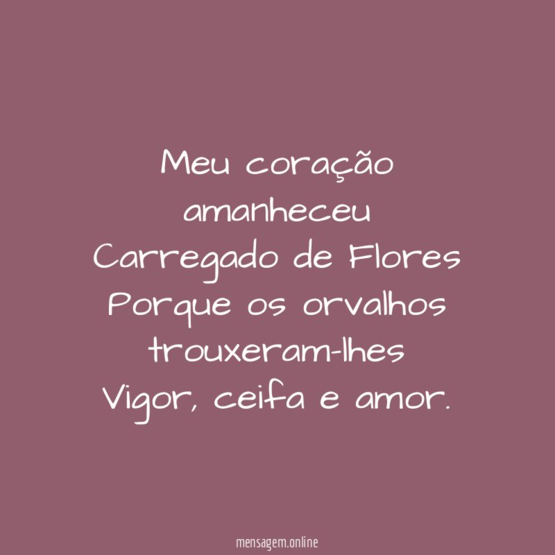 Meu coração amanheceu Carregado de Flores Porque os orvalhos trouxeram-lhes Vigor