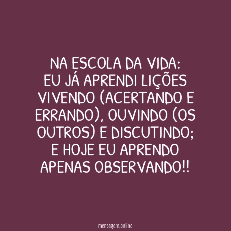 Na escola da vida:
Eu já aprendi lições vivendo (acertando e errando), ouvindo (os outros) e discutindo;