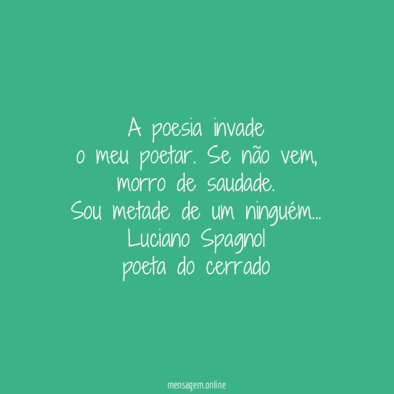 A poesia invade
o meu poetar. Se não vem,
morro de saudade.
Sou metade de um ninguém…