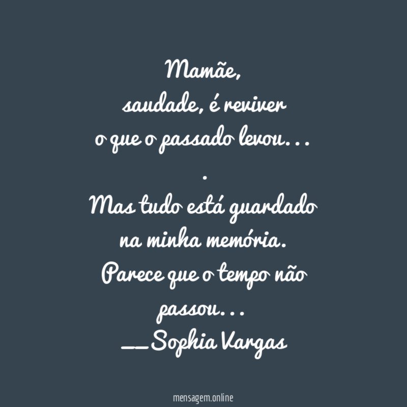 Mamãe,
saudade, é reviver
o que o passado levou…
.
Mas tudo está guardado
na minha memória.
Parece que o tempo não
passou…
