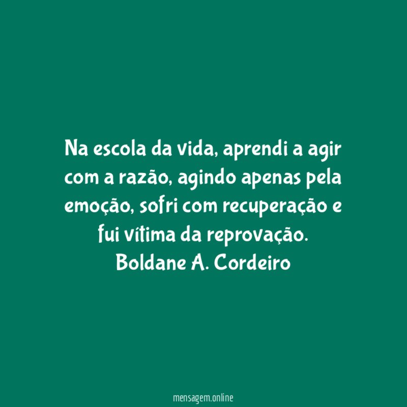 Na escola da vida, aprendi a agir com a razão, agindo apenas pela emoção, sofri com recuperação e fui vítima da reprovação.