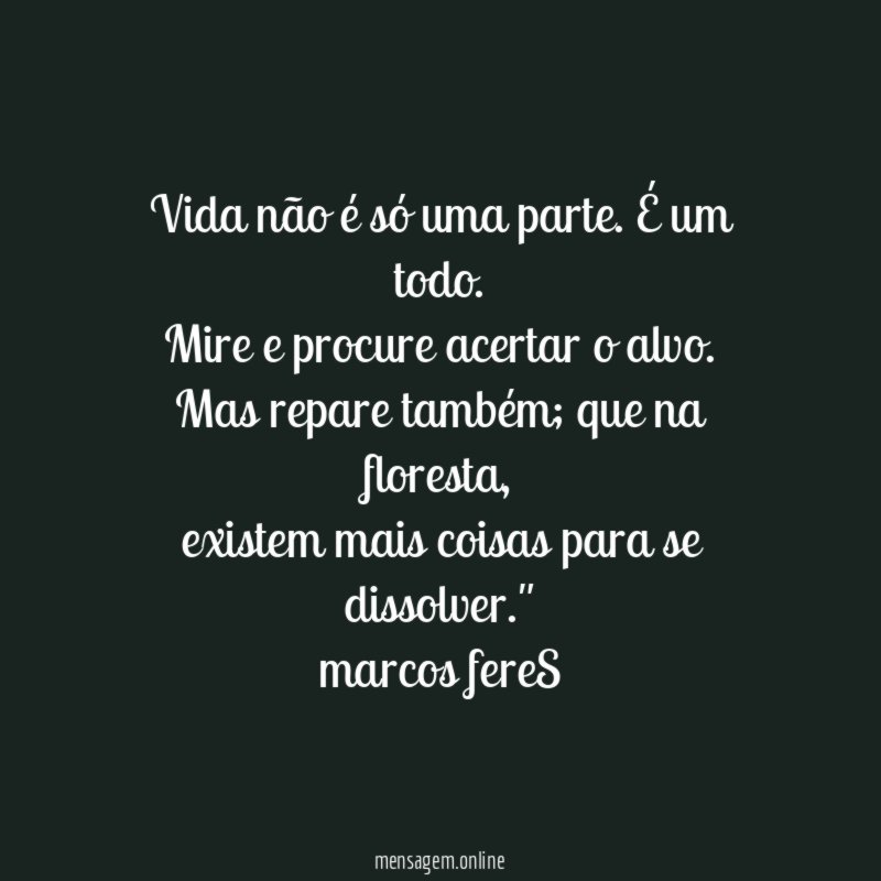 "Vida não é só uma parte. É um todo.
Mire e procure acertar o alvo.
Mas repare também; que na floresta,
existem mais coisas para se dissolver."