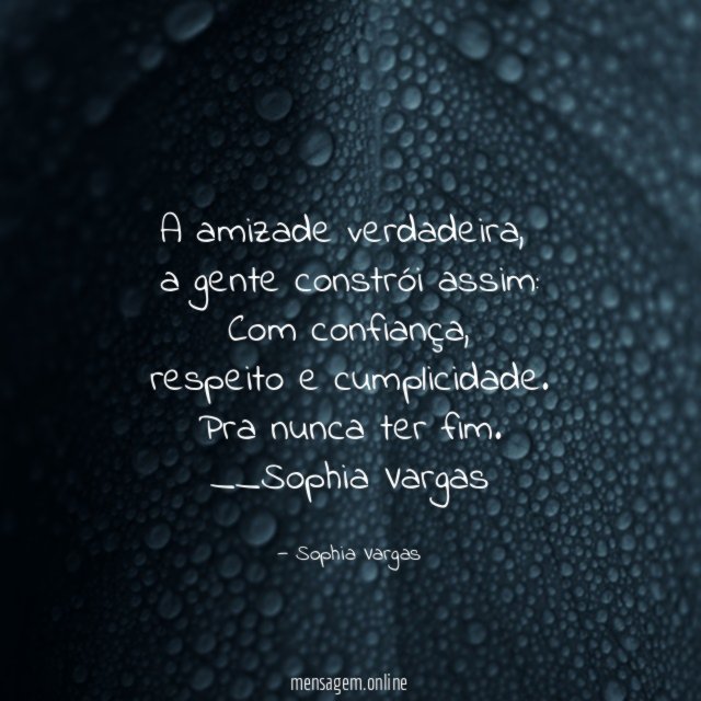 A amizade verdadeira ,
a gente constrói assim:
Com confiança,
respeito e cumplicidade.
Pra nunca ter fim.