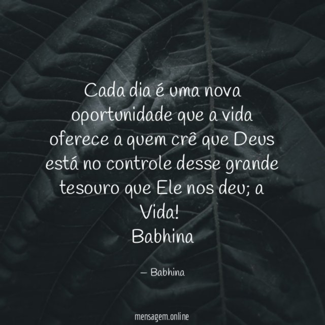 Cada dia é uma nova oportunidade que a vida oferece a quem crê que Deus está no controle desse grande tesouro que Ele nos deu; a Vida!