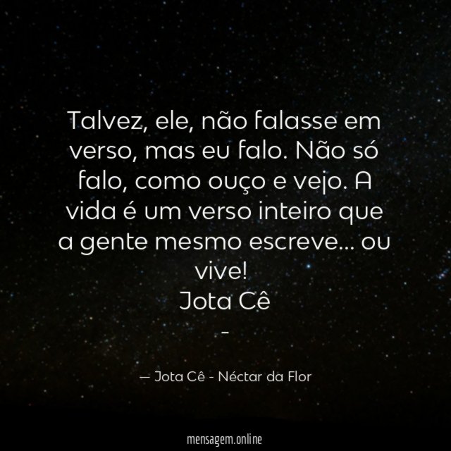 Talvez, ele, não falasse em verso, mas eu falo. Não só falo, como ouço e vejo. A vida é um verso inteiro que a gente mesmo escreve… ou vive!