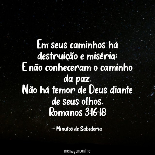 Em seus caminhos há destruição e miséria;
E não conheceram o caminho da paz.
Não há temor de Deus diante de seus olhos.