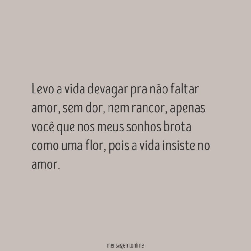 Levo a vida devagar pra não faltar amor