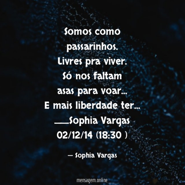 Somos como
passarinhos.
Livres pra viver .
Só nos faltam
asas para voar …
E mais liberdade ter…
__Sophia Vargas