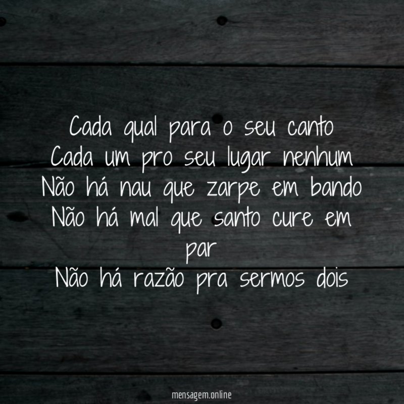 Cada qual para o seu canto
Cada um pro seu lugar nenhum
Não há nau que zarpe em bando
Não há mal que santo cure em par