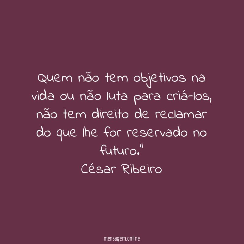 "Quem não tem objetivos na vida ou não luta para criá-los, não tem direito de reclamar do que lhe for reservado no futuro."